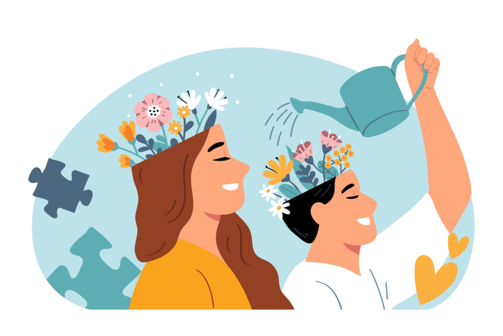 Cartoon people watering the flowers in their head